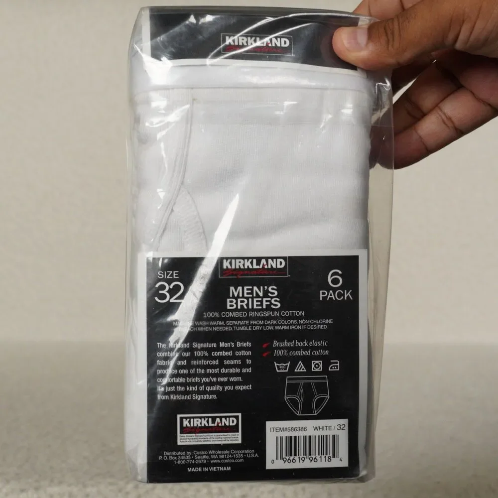 Kirkland Signature Mid-Rise Briefs 6-Pack Mens 32 White Combed Cotton Underwear